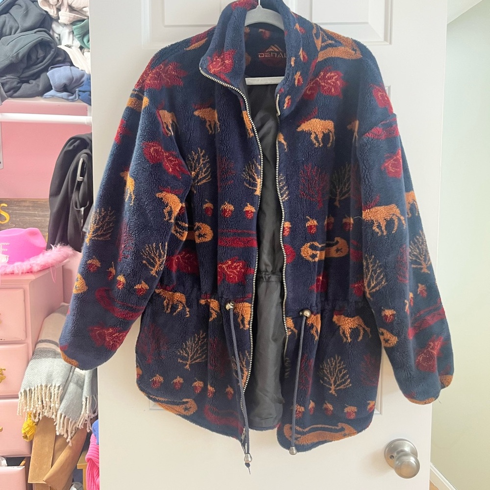 Navy Fleece Jacket with Animal Print